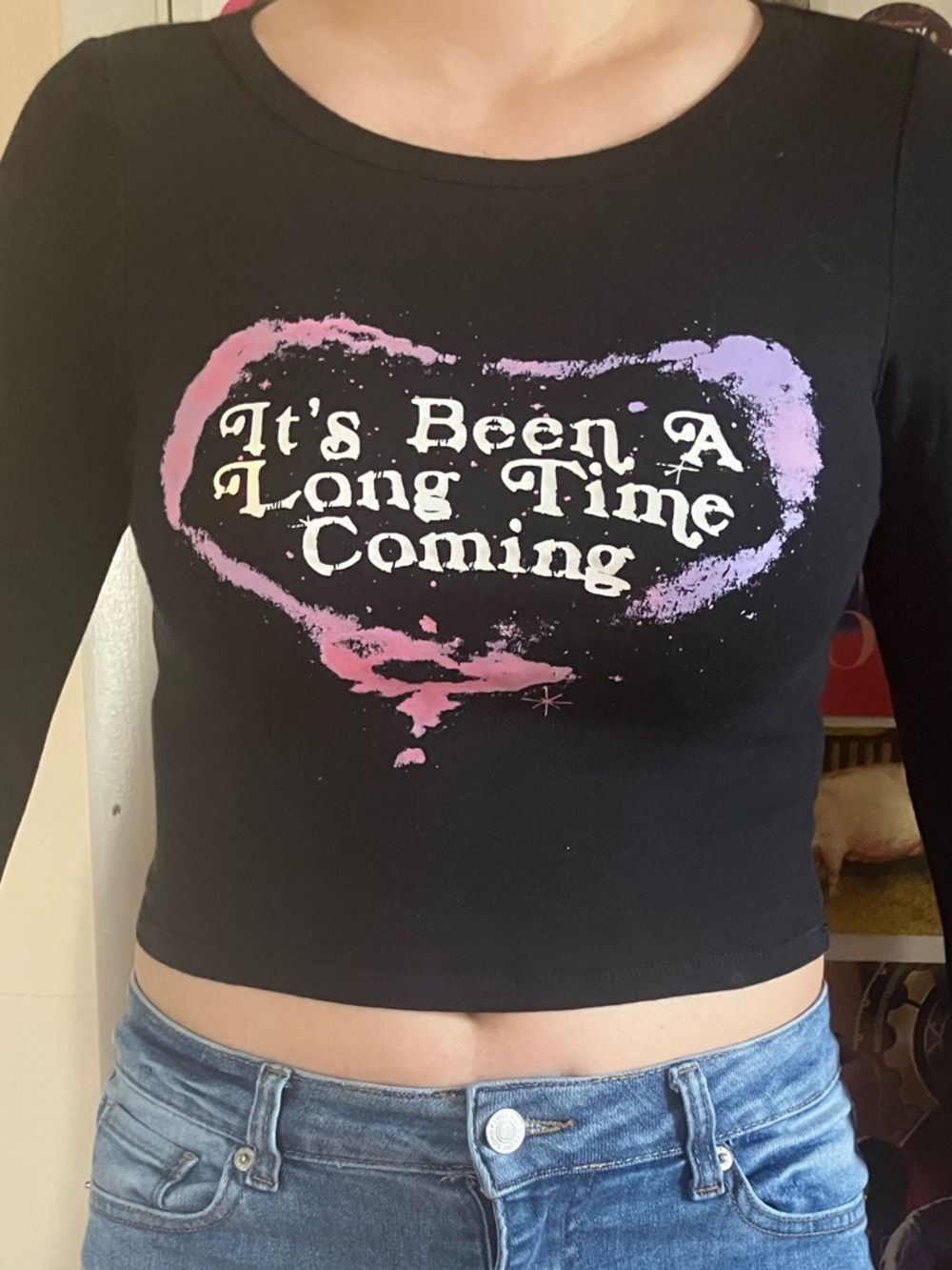 Taylor Swift Black Long-Sleeve Crop Top with Pink and Purple Heart Graphic